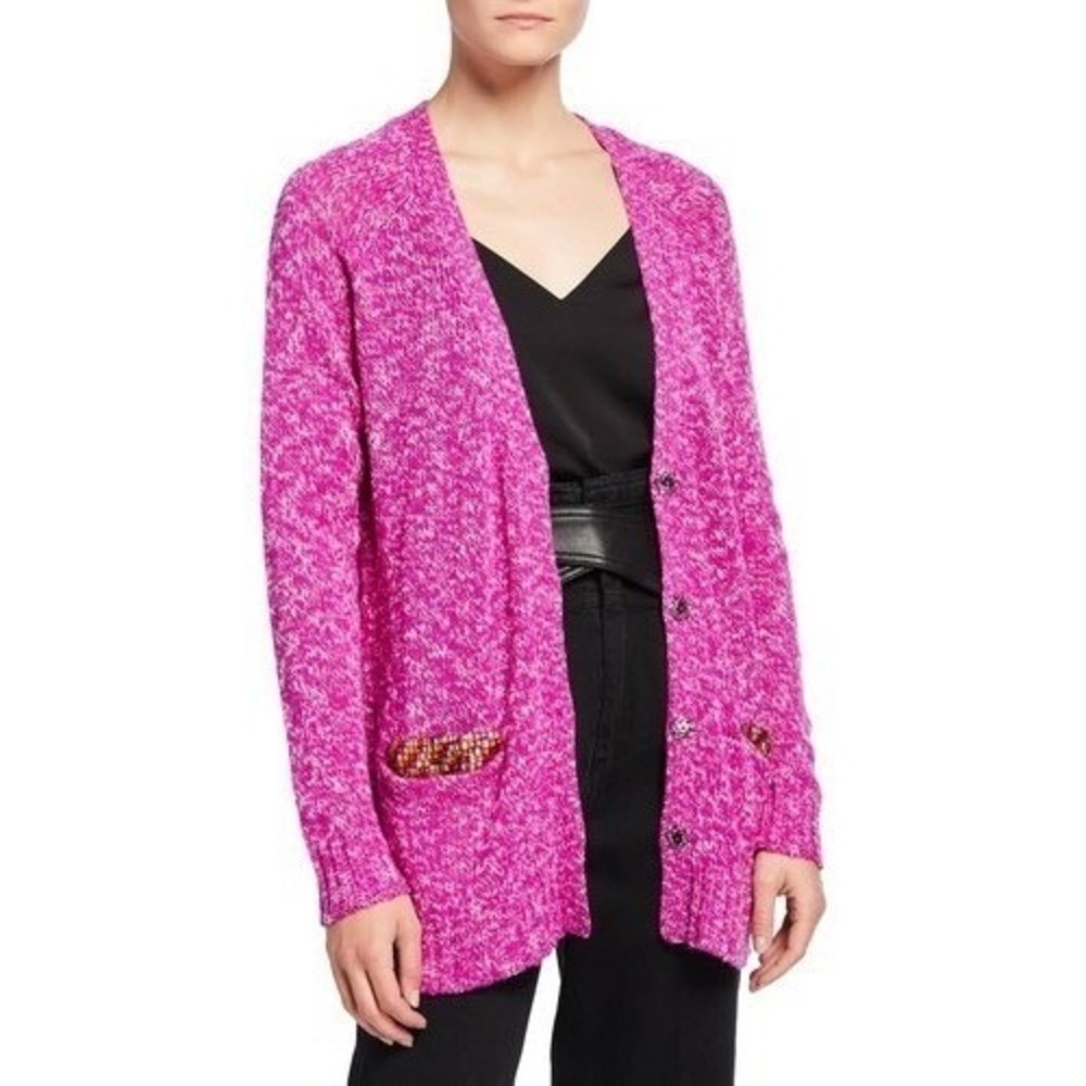 Le Superbe Silk Cashmere Beaded Pocket Cardigan Sweater Fuchsia Space Dye Small